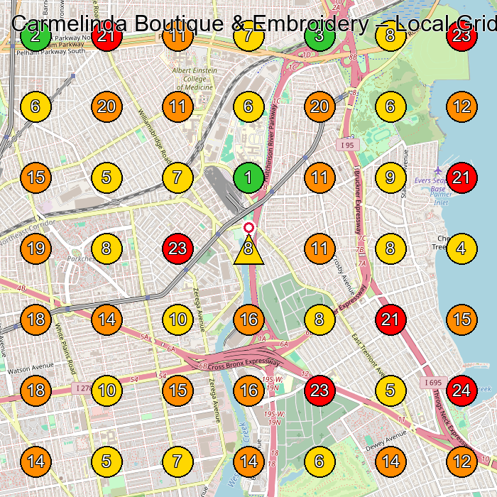 Carmelinda Boutique & Embroidery Women'S Clothing Store GeoGrid ranking map for Bronx NY